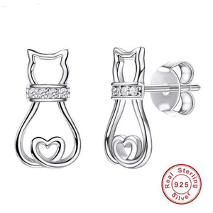 Cat Heart Stud Earrings in 925 Sterling Silver
