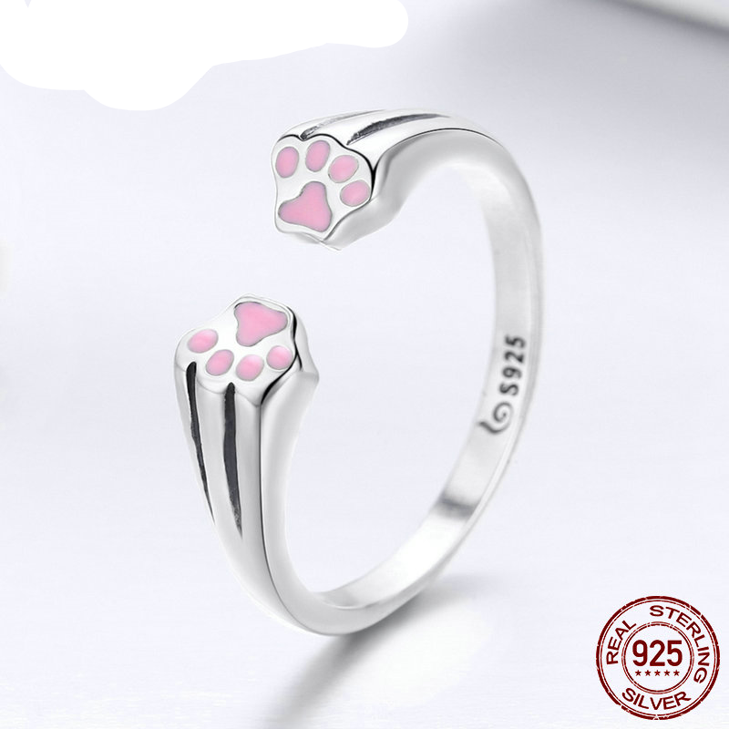 100% 925 Sterling Silver Animal Pet Dog Cat Footprints Finger Ring for Women Engagement Jewelry