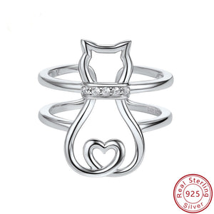 Cat Heart Ring  925 Sterling Silver CZ Ring Adjustable