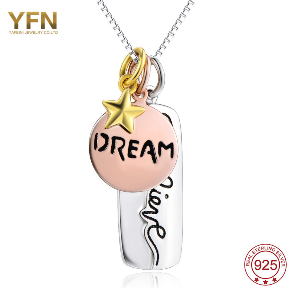 YAFEINI Solid 925 Sterling Silver Tri-Color Believe Dream Necklace Fine Jewelry Silver Pendant Necklace For Women GNX0496