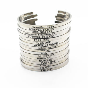 Stainless Steel Engraved Positive Inspirational Quote Hand Stamped BAR Cuff Bracelet Mantra Bangle for women (COLOR:SILVER)