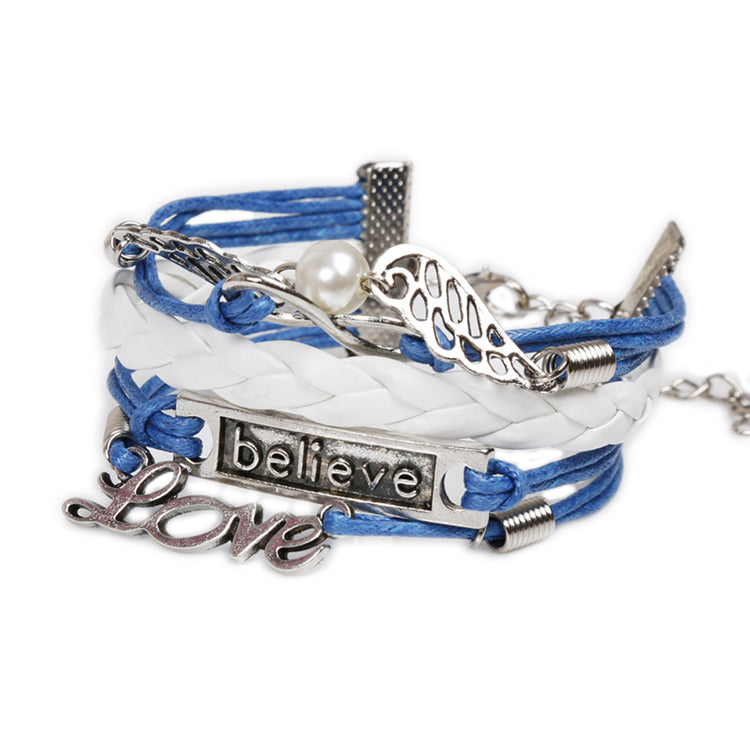 Womens Leather "Believe&Love" Letter Alloy Pendant Bracelet Charm Blue Rope Chain DIY Woven Fine Jewelry