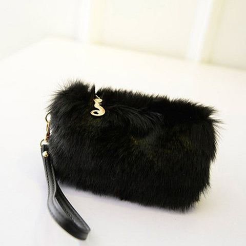 Image of Fur Clutch Handbag Wristlet Fashion Zipper Purses