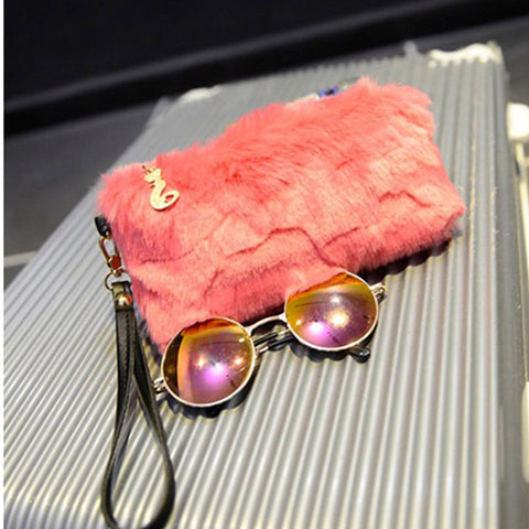 Image of Fur Clutch Handbag Wristlet Fashion Zipper Purses
