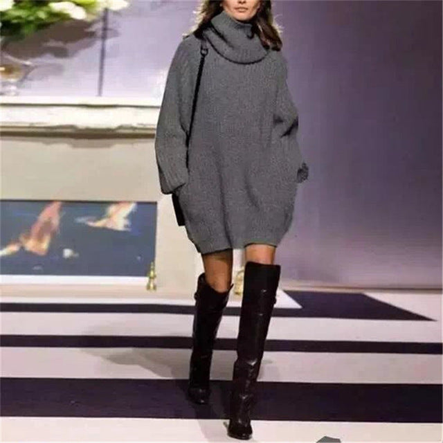 Highneck Long Sleeve Knit Sweater Dresses Loose with Pockets Warm Winter Dresses