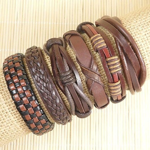 Image of 6pcs Handmade ethnic tribal genuine braided leather