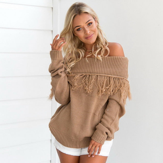 Tassel Sweater Long sleeve Pullovers Loose Knitted Sweater Slash Neck Sexy Off Shoulder Tops