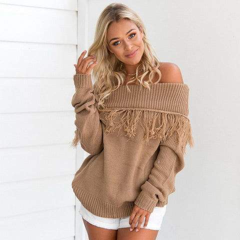 Image of Tassel Sweater Long sleeve Pullovers Loose Knitted Sweater Slash Neck Sexy Off Shoulder Tops