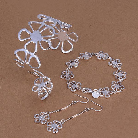 Image of Hot Sale Silver Plated Jewelry Set,Cheap Bridal Party Sets,Simple Flower Fashion Silver Bangle Bracelet Earring Ring Four-piece