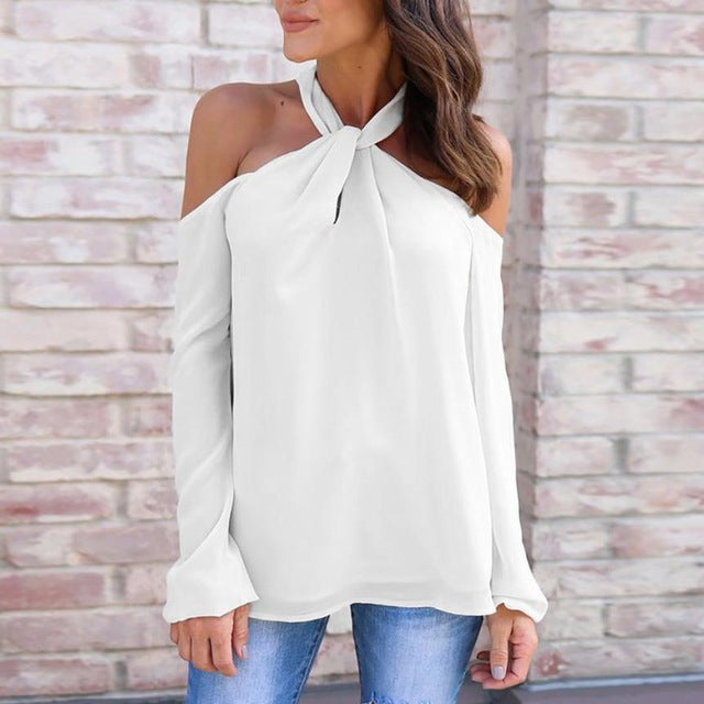 Long Sleeve Twisted Halter T Shirt  Low Cut Sexy Off Shoulder shirt