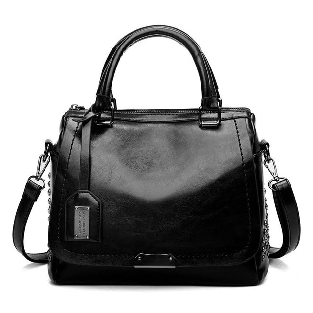 Large Capacity Brand Oil Wax Leather Rivet Boston Bag High Quality Female Cross-body Tote Shoulder Bag|Shoulder Bags