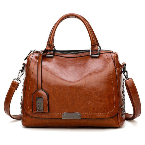 Image of Large Capacity Brand Oil Wax Leather Rivet Boston Bag High Quality Female Cross-body Tote Shoulder Bag|Shoulder Bags