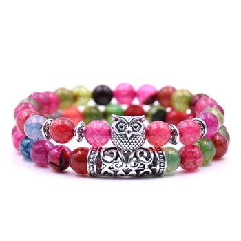 Image of 8mm Owl Stone Bracelet Sets Charms Friendship Bracelets & Bangles in 16 Colors different colors of 2Pcs/sets