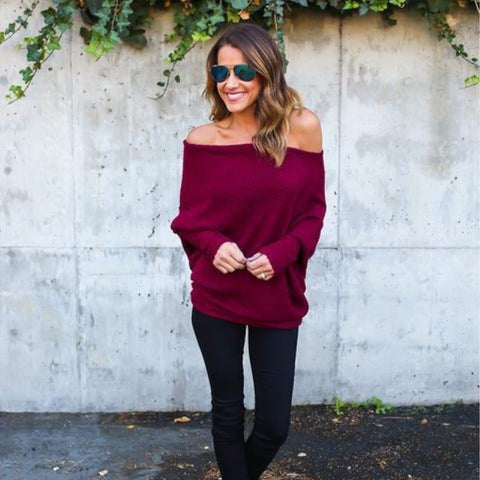 Image of Off Shoulder Oversized Winter Off Shoulder Oversized Knitted Sweaters Ladies Runway Sweaters Winter Tops